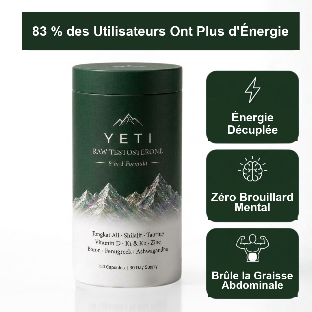 83% des utilisateurs ont rapporté plus d'énergie - pot YETI Raw Testosterone avec badges Énergie Décuplée, Zéro Brouillard Mental, Brûle la Graisse Abdominale