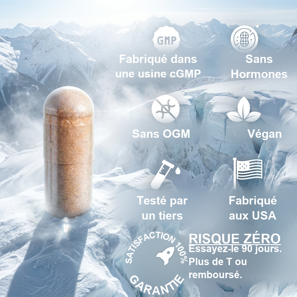 Capsule Yeti sur un sommet enneigé avec badges sans hormones, sans OGM, végane, testé par un tiers, fabriqué aux USA et garantie satisfaction 100%